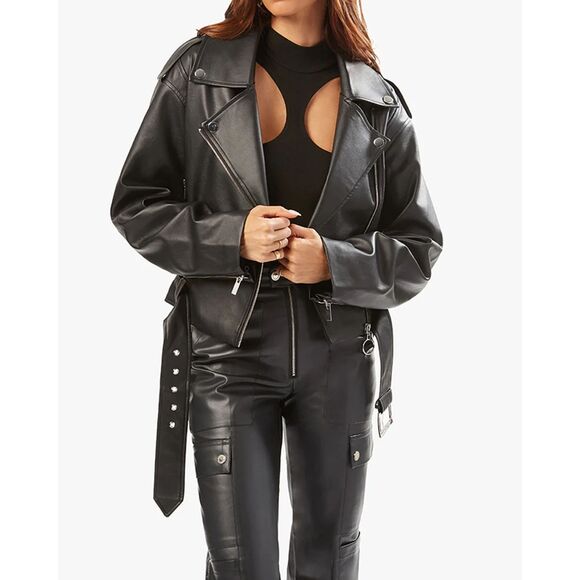 WEWOREWHAT Womens Jacket XS Black Moto Faux Leather Cropped Oversized Biker - Picture 1 of 9